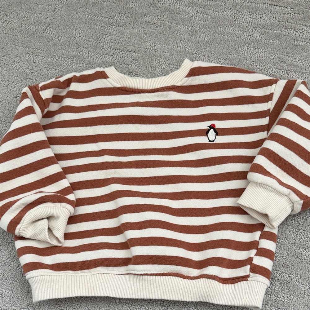Zara Striped red and Cream Sweatshirt with Penguin Patch
